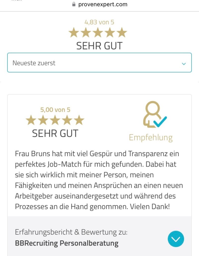 BBRecruiting Personalberatung erhält 5-Sterne-Bewertung